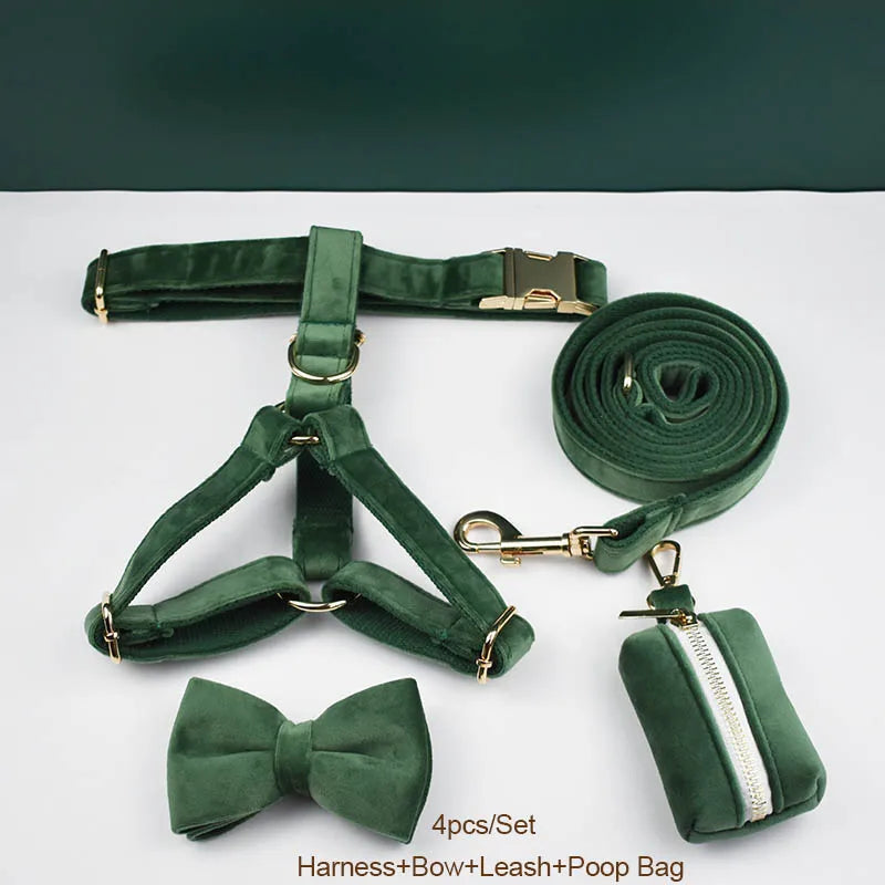 Forest Green Custom Engraved Velvet Dog Collar & Leash Set