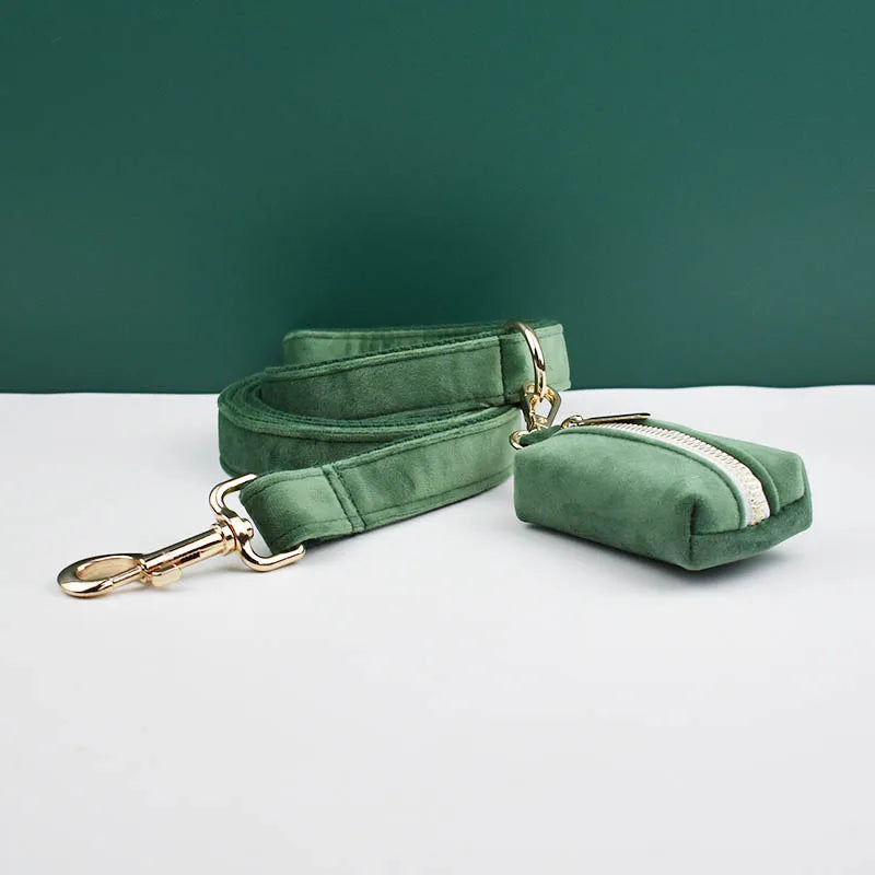 Forest Green Custom Engraved Velvet Dog Collar & Leash Set