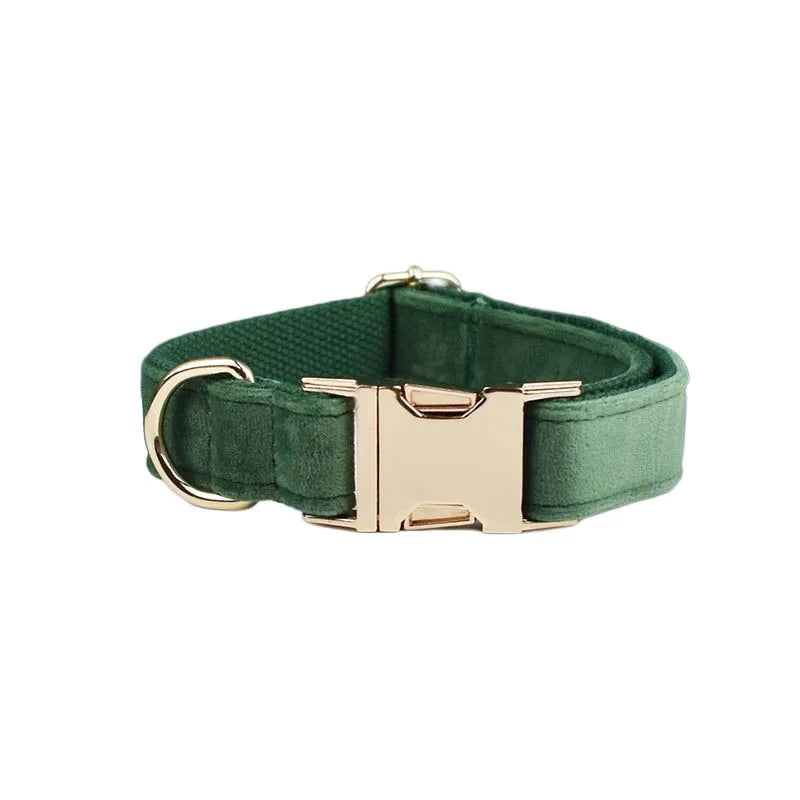 Forest Green Custom Engraved Velvet Dog Collar & Leash Set