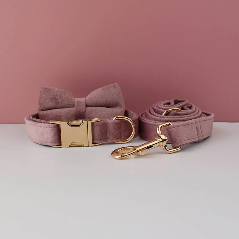 Light Purple Custom Engraved Velvet Dog Collar & Leash Set