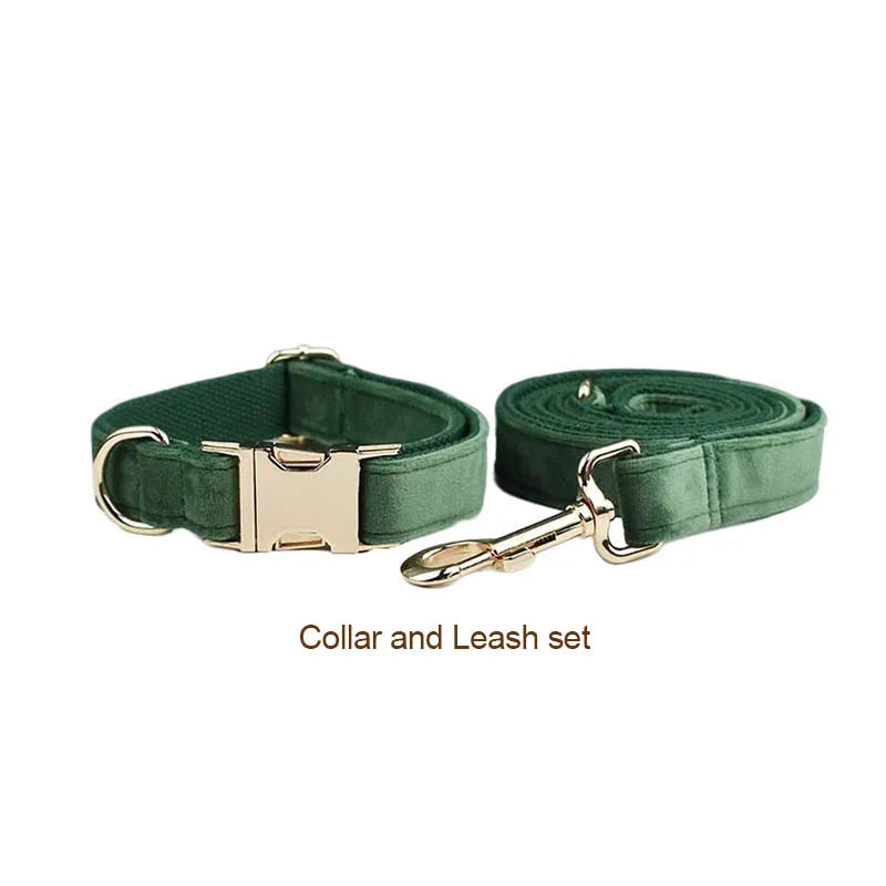 Forest Green Custom Engraved Velvet Dog Collar & Leash Set