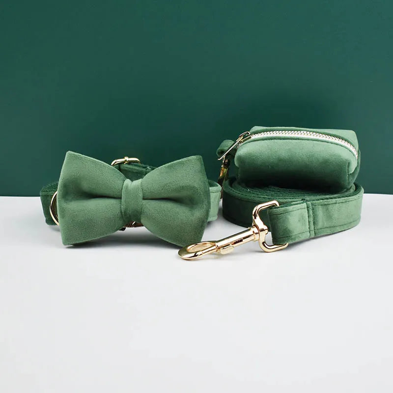 Forest Green Custom Engraved Velvet Dog Collar & Leash Set