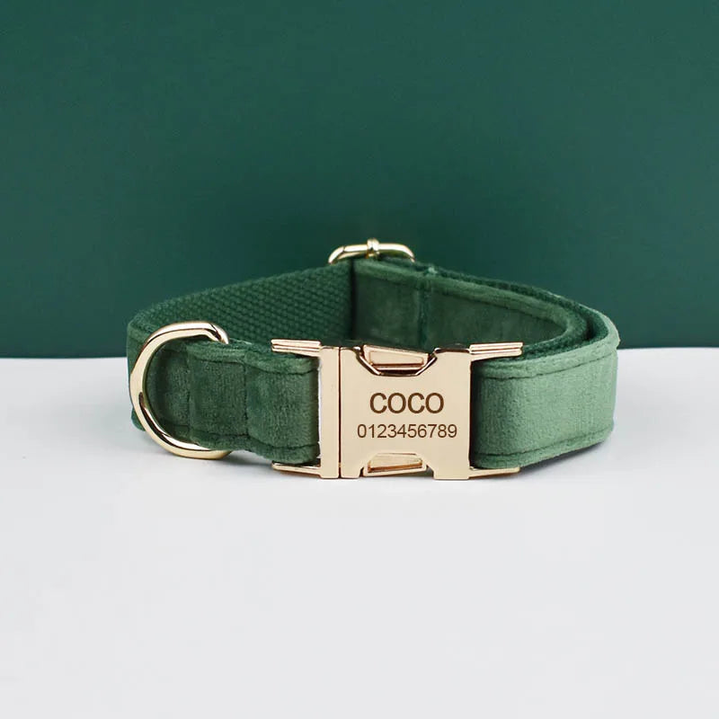 Forest Green Custom Engraved Velvet Dog Collar & Leash Set